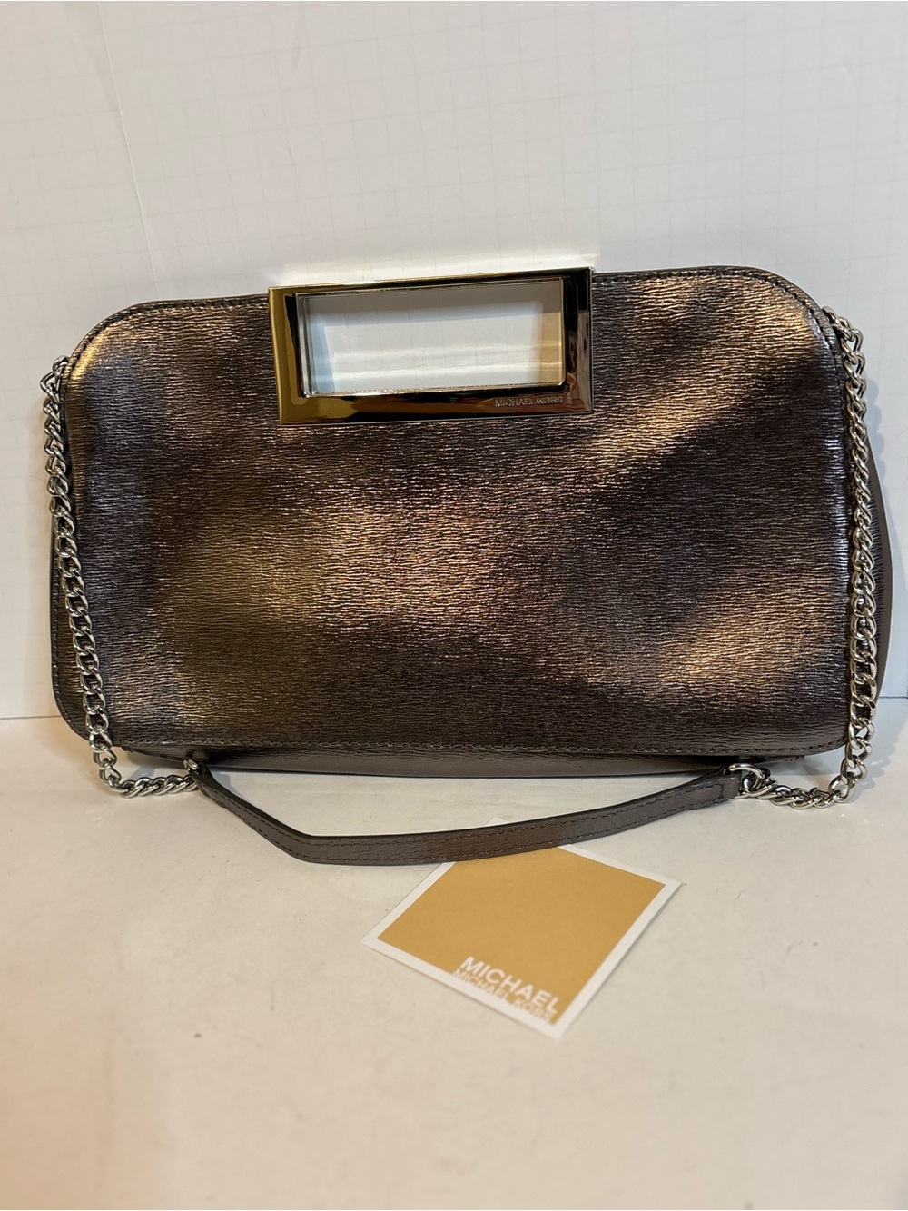 Michael Kors Berkley Large Metallic Charcoal Chain Clutch with Top Handle